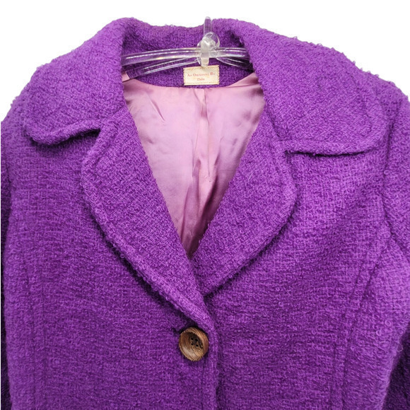 Vintage 70s Clelia Purple Boucle Wood Button Jacket Midi Straight Skirt Set Suit - Picture 9 of 17